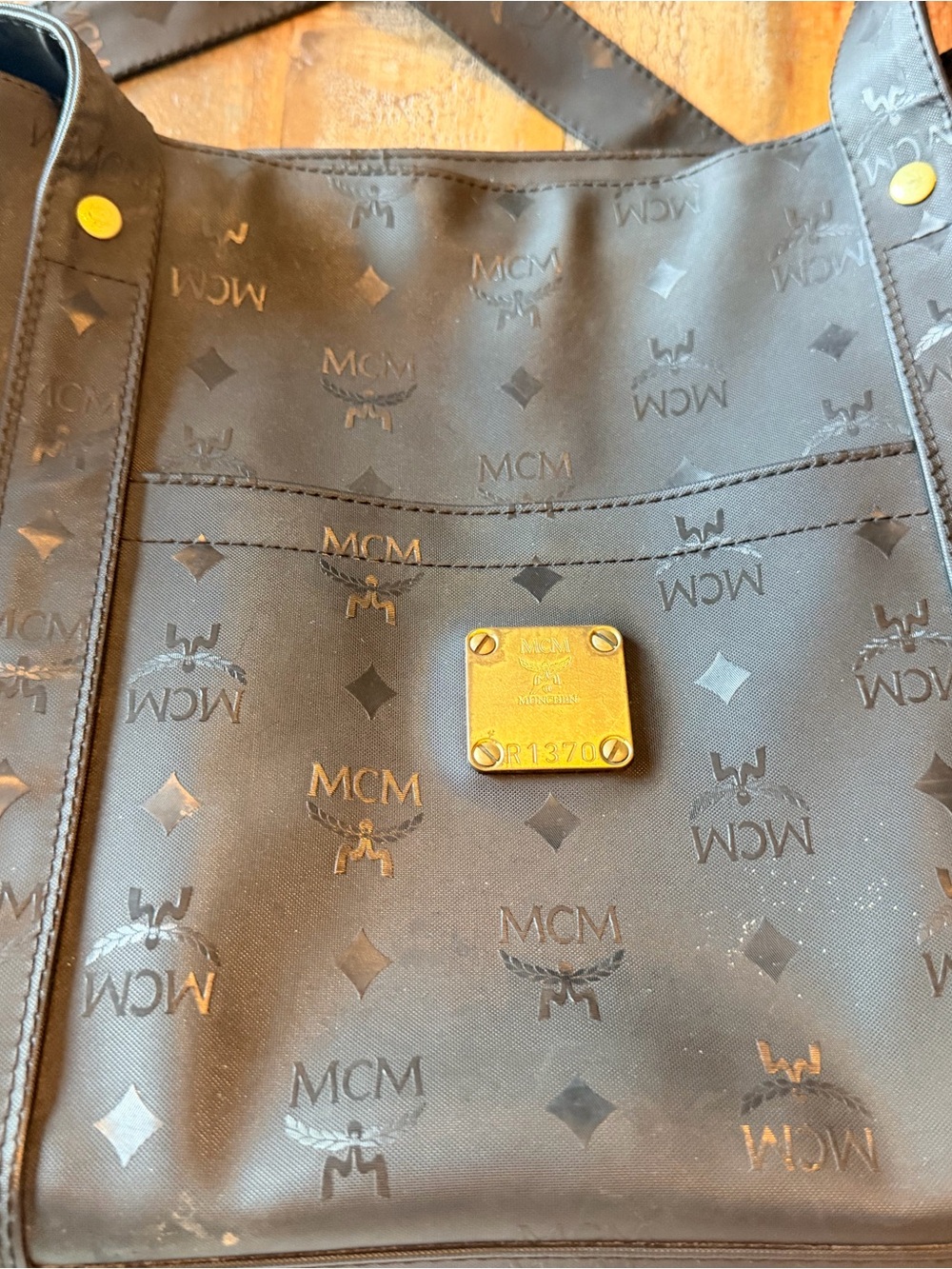 MCM Black Monogram Tote with Gold Plaque